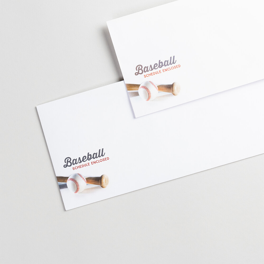 Envelopes custom printed with your address and stock envelopes, sizes 7, 10, and jumbo